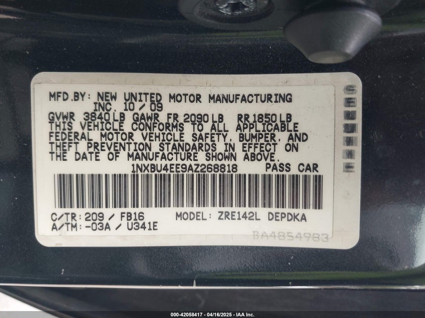 2010 TOYOTA COROLLA VIN: 1NXBU4EE9AZ268818
