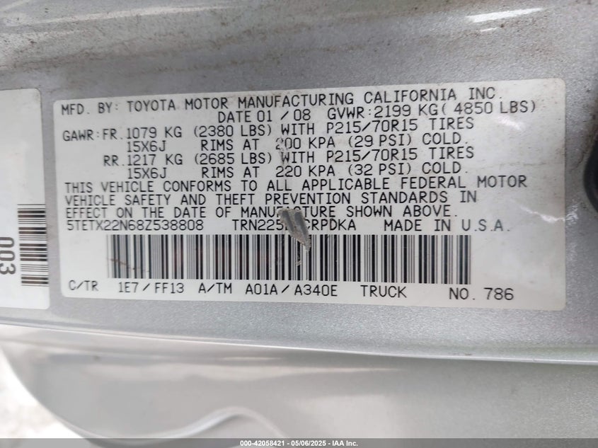 2008 TOYOTA TACOMA VIN: 5TETX22N68Z538808