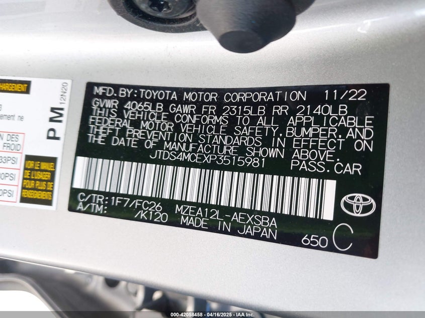 2023 TOYOTA COROLLA VIN: JTDS4MCEXP3515981
