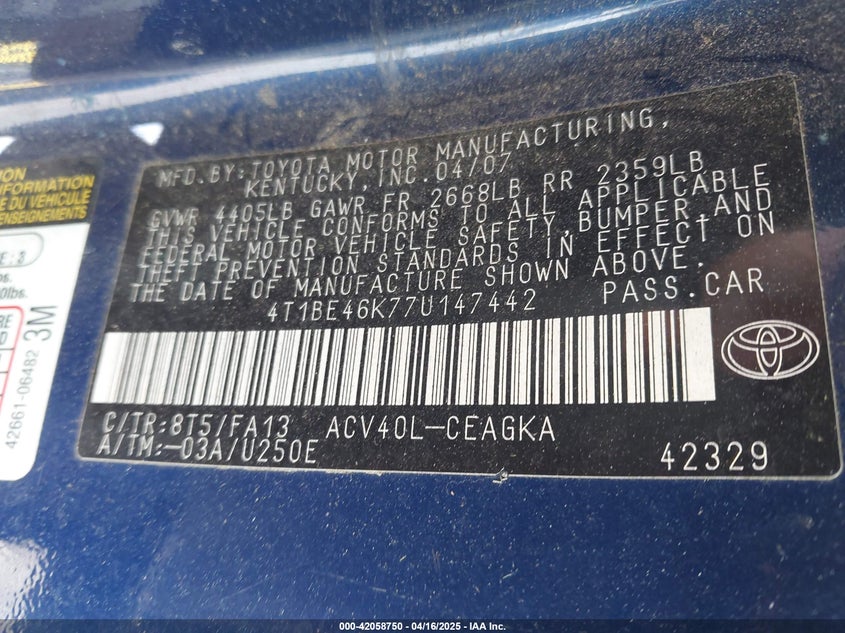 2007 TOYOTA CAMRY VIN: 4T1BE46K77U147442