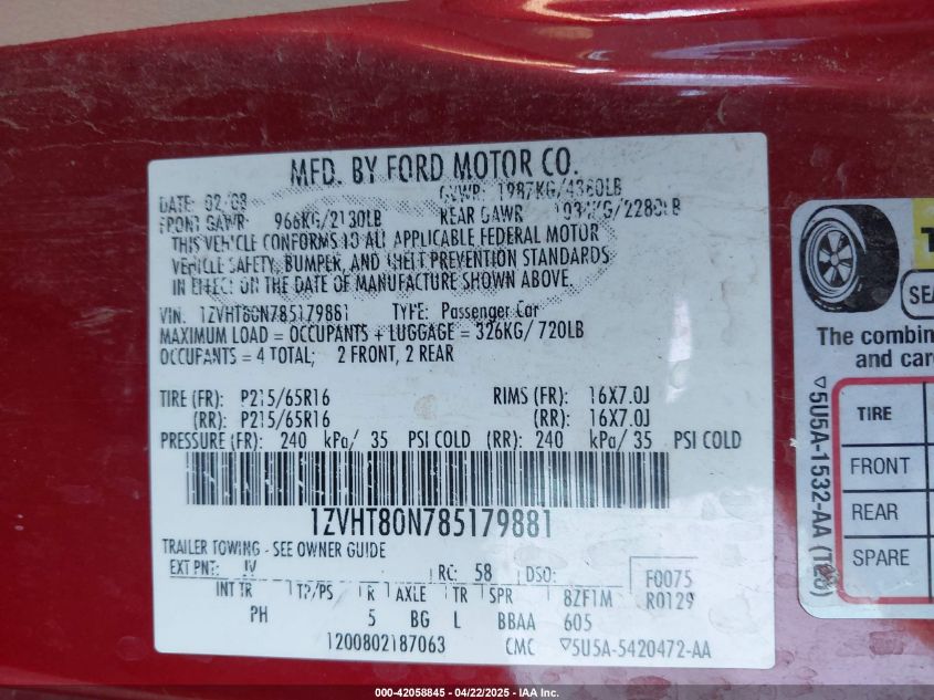 2008 Ford Mustang V6 Deluxe/V6 Premium VIN: 1ZVHT80N785179881 Lot: 42058845