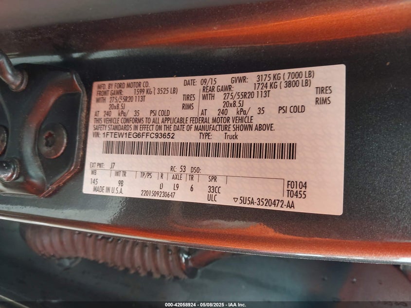 2015 FORD F-150 VIN: 1FTEW1EG6FFC93652