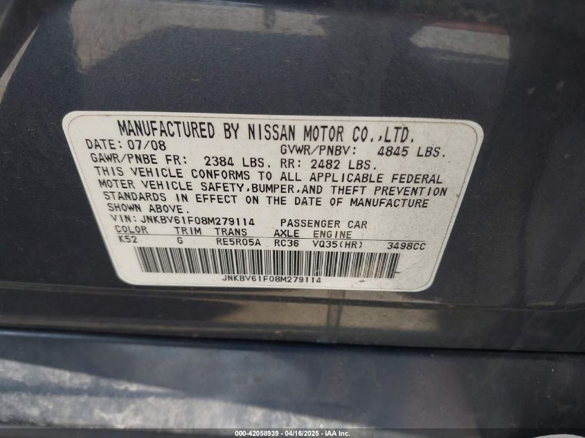 2008 Infiniti G35X VIN: JNKBV61F08M279114 Lot: 42058939
