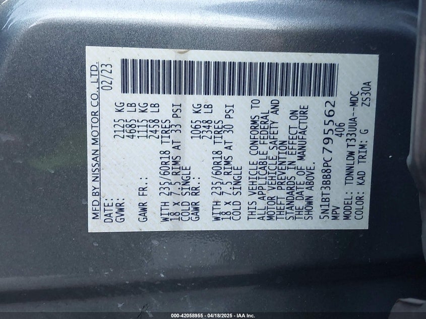 2023 NISSAN ROGUE VIN: 5N1BT3BB8PC795562