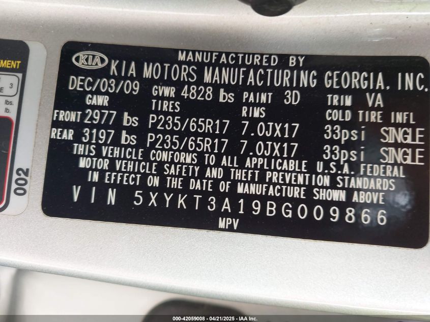 2011 Kia Sorento Lx VIN: 5XYKT3A19BG009866 Lot: 42059008