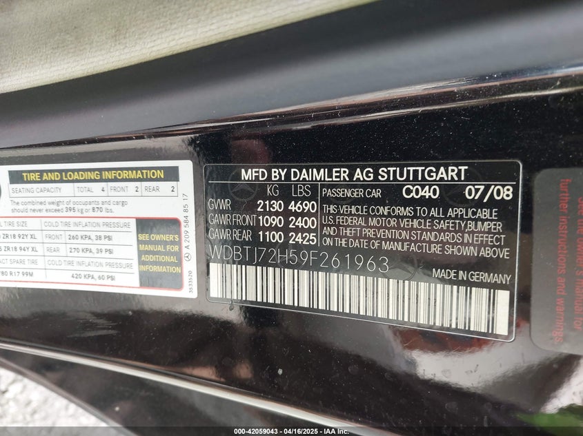 2009 MERCEDES-BENZ CLK 550 VIN: WDBTJ72H59F261963