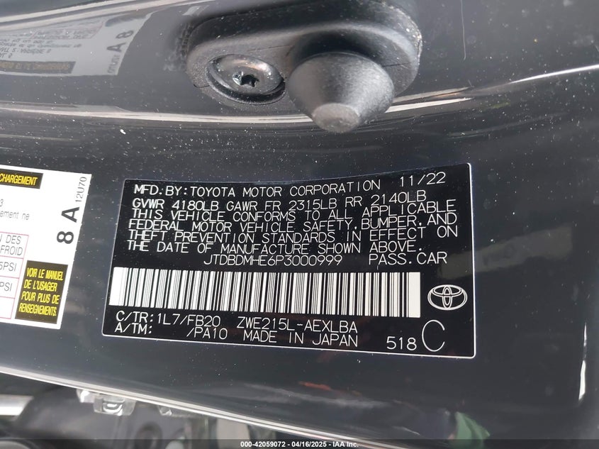 2023 TOYOTA COROLLA HYBRID LE - JTDBDMHE6P3000999