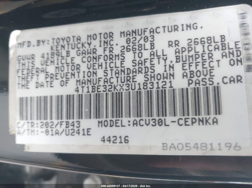 2003 Toyota Camry VIN: 4T1BE320X3U183121 Lot: 42059137