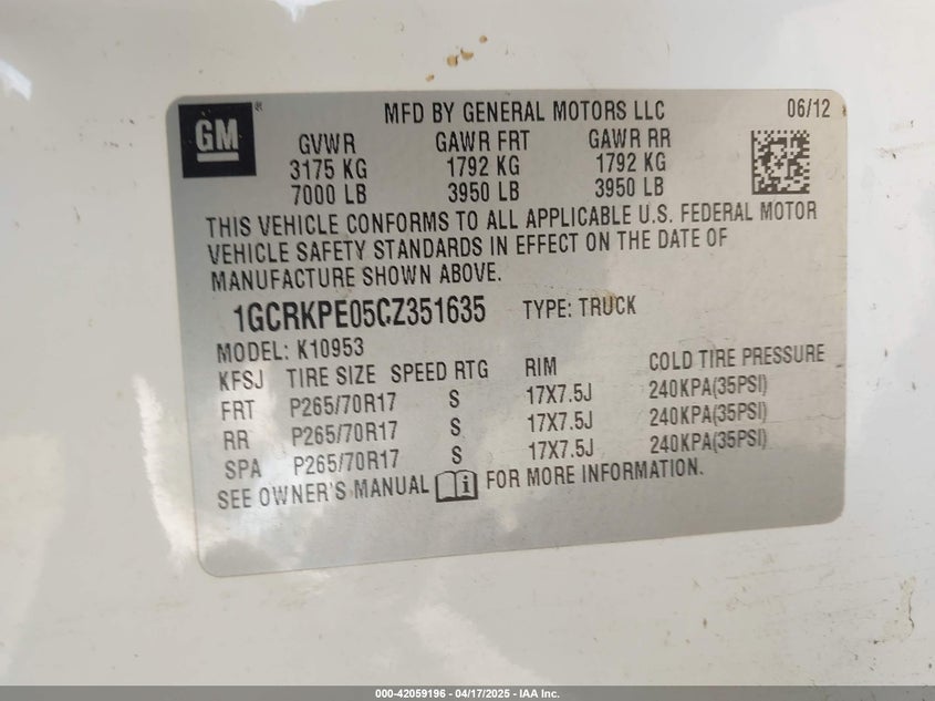 2012 CHEVROLET SILVERADO 1500 VIN: 1GCRKPE05CZ351635