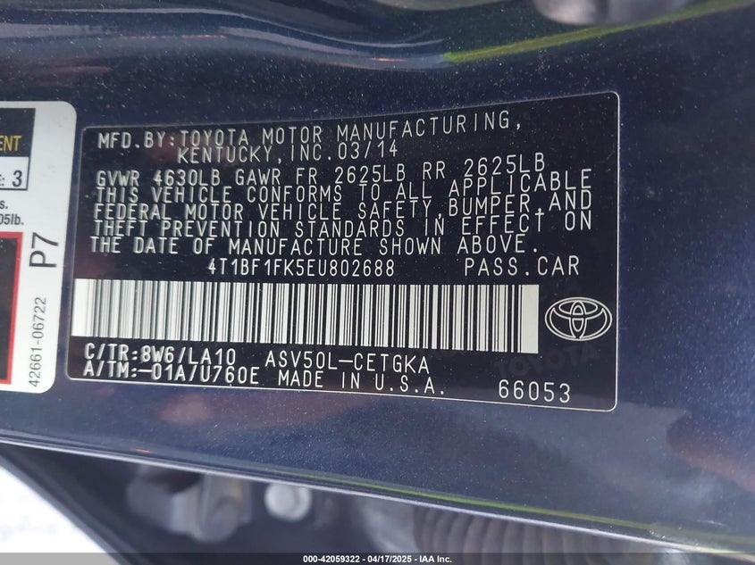 2014 TOYOTA CAMRY XLE - 4T1BF1FK5EU802688