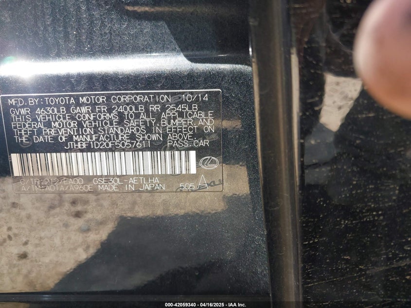 2015 LEXUS IS 250 VIN: JTHBF1D20F5057611
