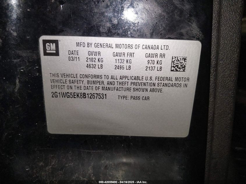 2011 Chevrolet Impala Lt VIN: 2G1WG5EK8B1267531 Lot: 42059490