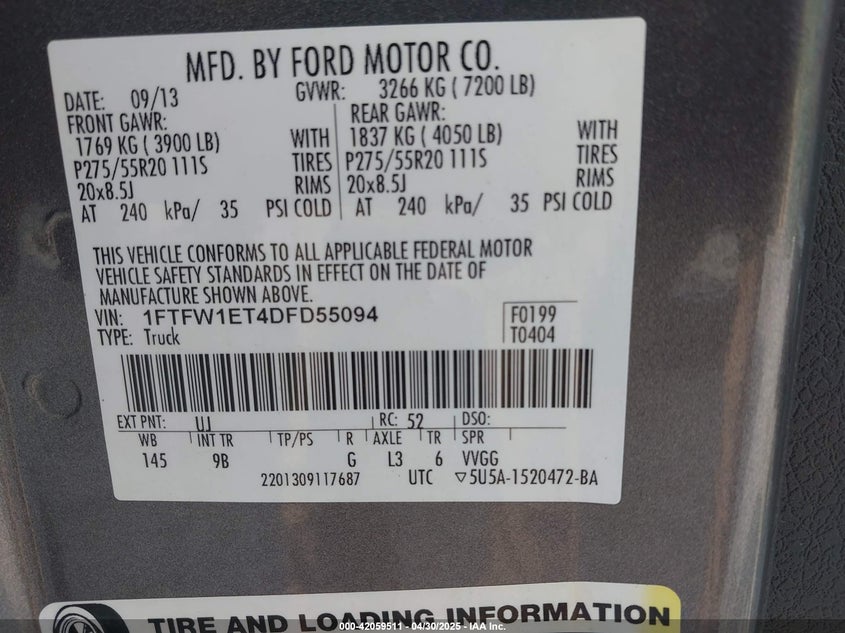 2013 FORD F-150 VIN: 1FTFW1ET4DFD55094