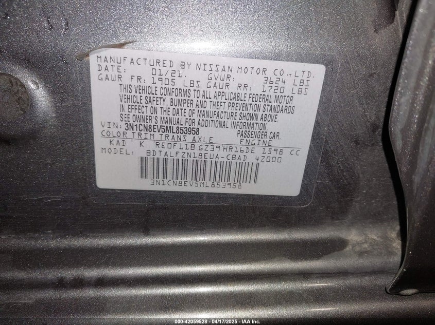 2021 NISSAN VERSA VIN: 3N1CN8EV5ML853958