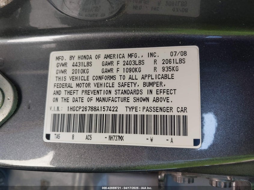 2008 HONDA ACCORD VIN: 1HGCP26788A157422