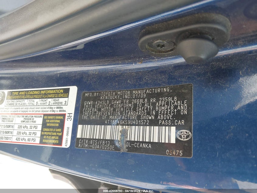 2009 TOYOTA CAMRY VIN: 4T1BE46K59U401572