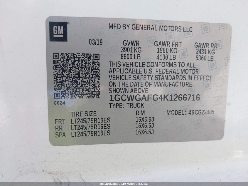 2019 CHEVROLET EXPRESS 2500 WORK VAN - 1GCWGAFG4K1266716