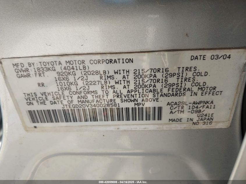 2004 Toyota Rav4 VIN: JTEGD20V340028581 Lot: 42059886