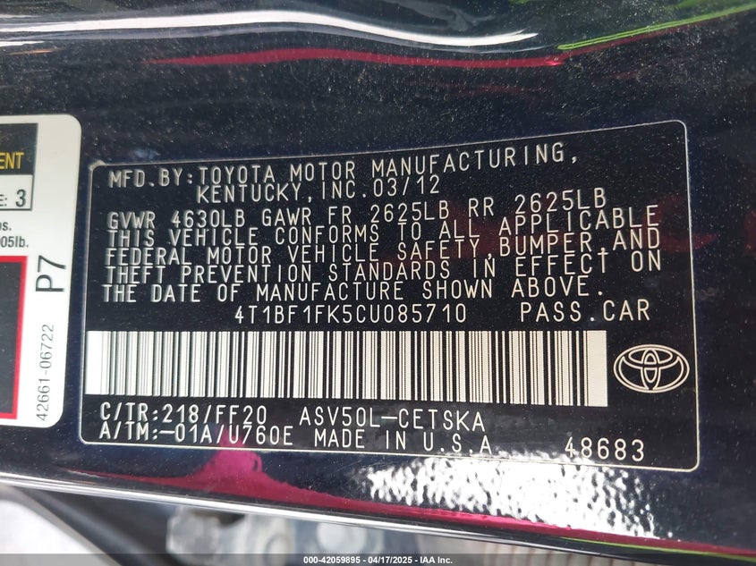 2012 TOYOTA CAMRY VIN: 4T1BF1FK5CU085710