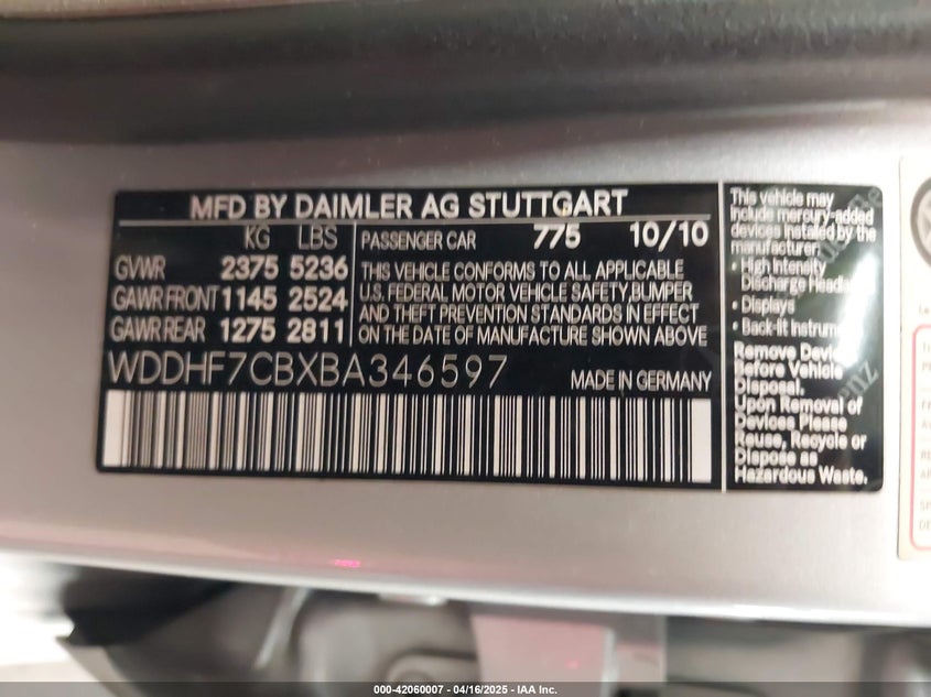 2011 MERCEDES-BENZ E 550 VIN: WDDHF7CBXBA346597