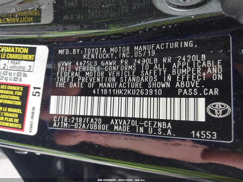 2019 TOYOTA CAMRY VIN: 4T1B11HK2KU263910
