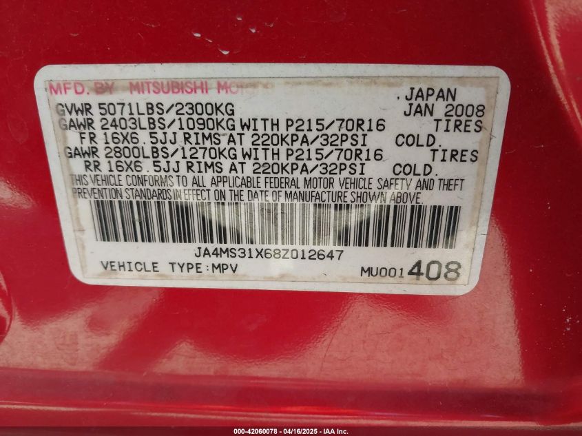 2008 Mitsubishi Outlander Ls VIN: JA4MS31X68Z012647 Lot: 42060078