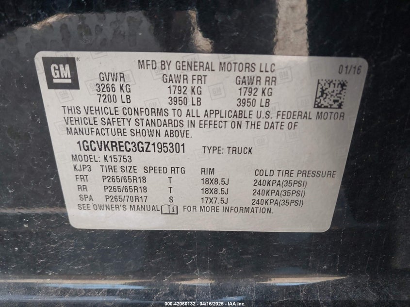 2016 CHEVROLET SILVERADO 1500 VIN: 1GCVKREC3GZ195301