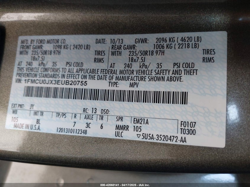 2014 FORD ESCAPE VIN: 1FMCU0JX3EUB20755