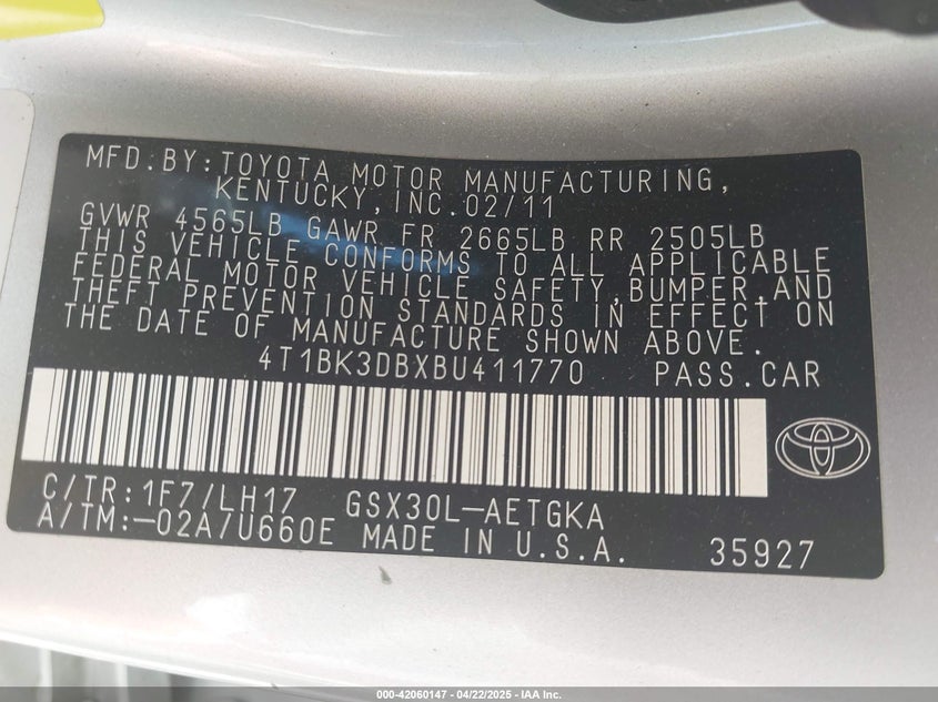 2011 TOYOTA AVALON VIN: 4T1BK3DBXBU411770
