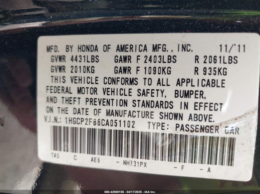 2012 HONDA ACCORD VIN: 1HGCP2F86CA051102