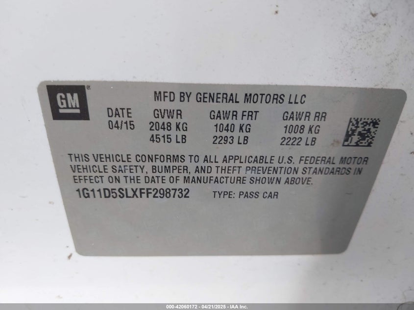 2015 CHEVROLET MALIBU VIN: 1G11D5SLXFF298732