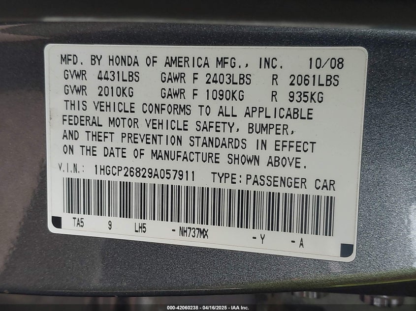 2009 HONDA ACCORD VIN: 1HGCP26829A057911