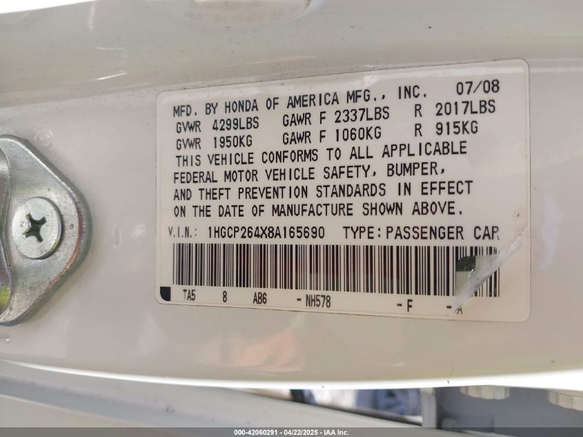 2008 Honda Accord 2.4 Lx-P VIN: 1HGCP264X8A165690 Lot: 42060291