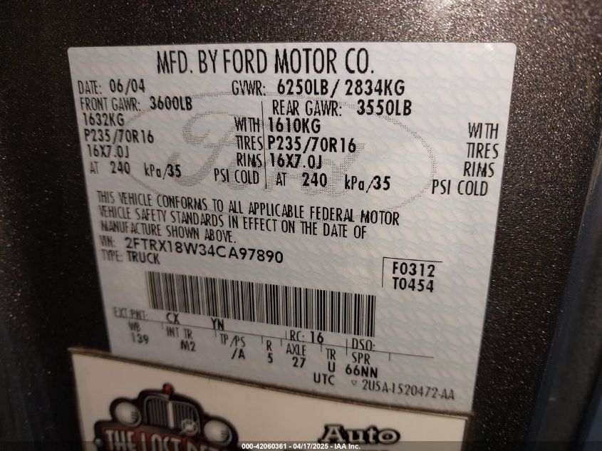 2004 Ford F-150 Heritage Xl/Xlt VIN: 2FTRX18W34CA97890 Lot: 42060361