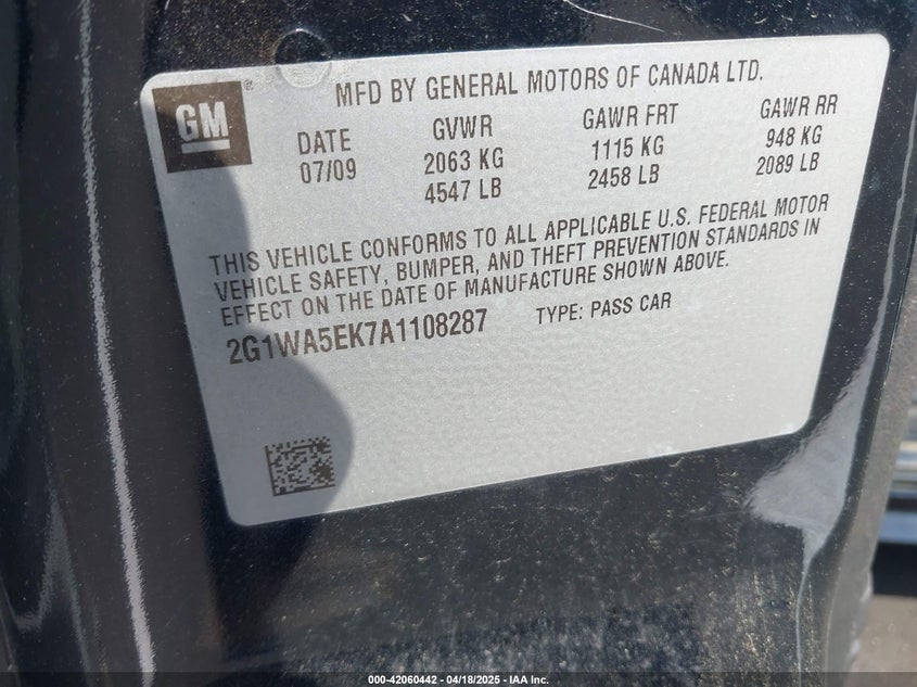 2010 CHEVROLET IMPALA VIN: 2G1WA5EK7A1108287