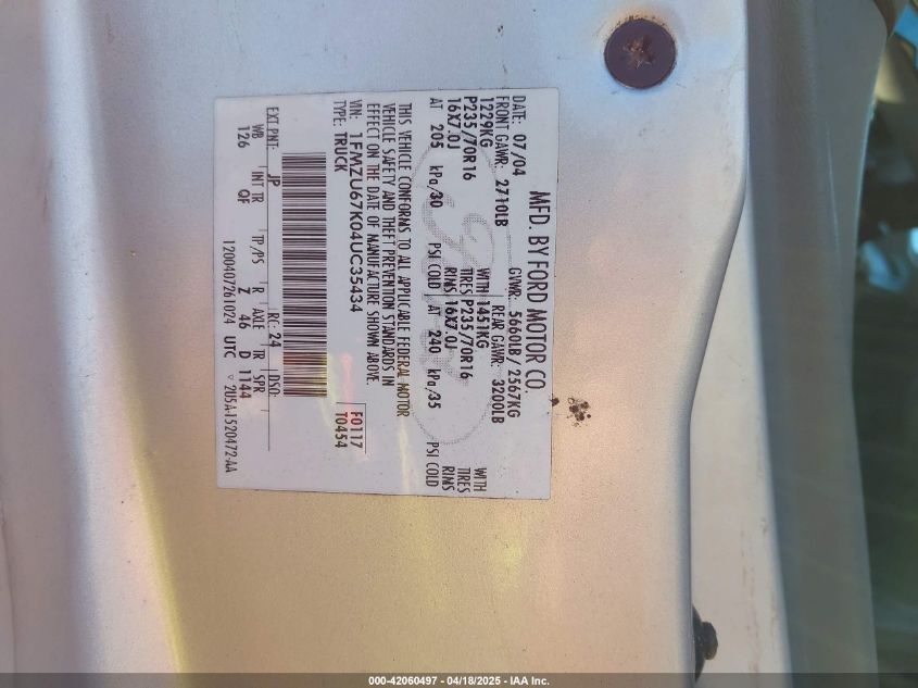 2004 Ford Explorer Sport Trac Adrenalin/Xls/Xlt VIN: 1FMZU67K04UC35434 Lot: 42060497