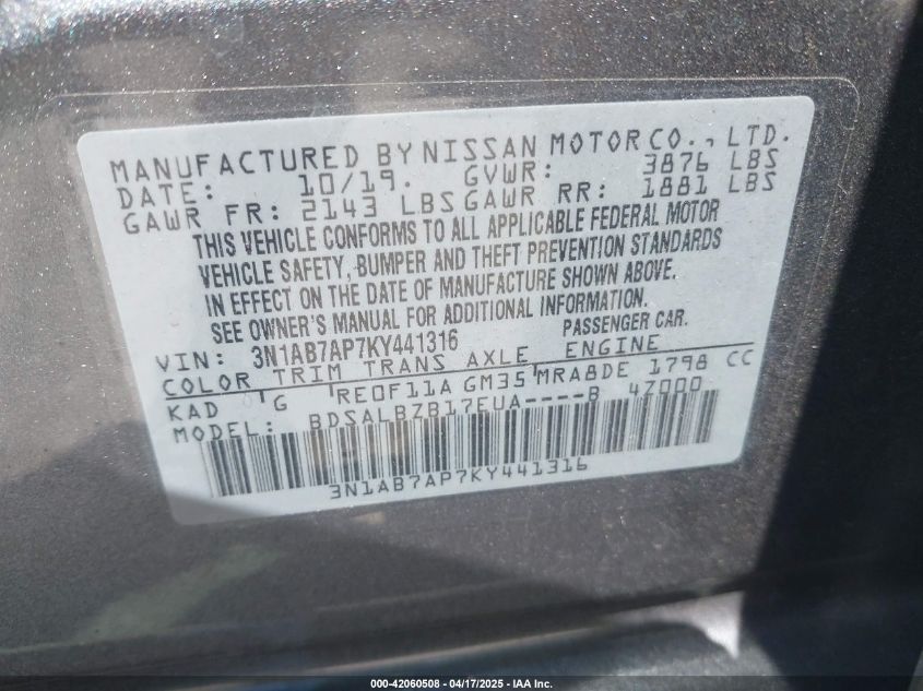 2019 Nissan Sentra S VIN: 3N1AB7AP7KY441316 Lot: 42060508