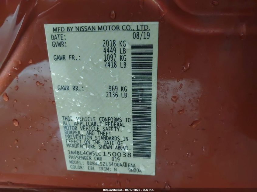 2020 Nissan Altima Sr Intelligent Awd VIN: 1N4BL4CW5LC150038 Lot: 42060544