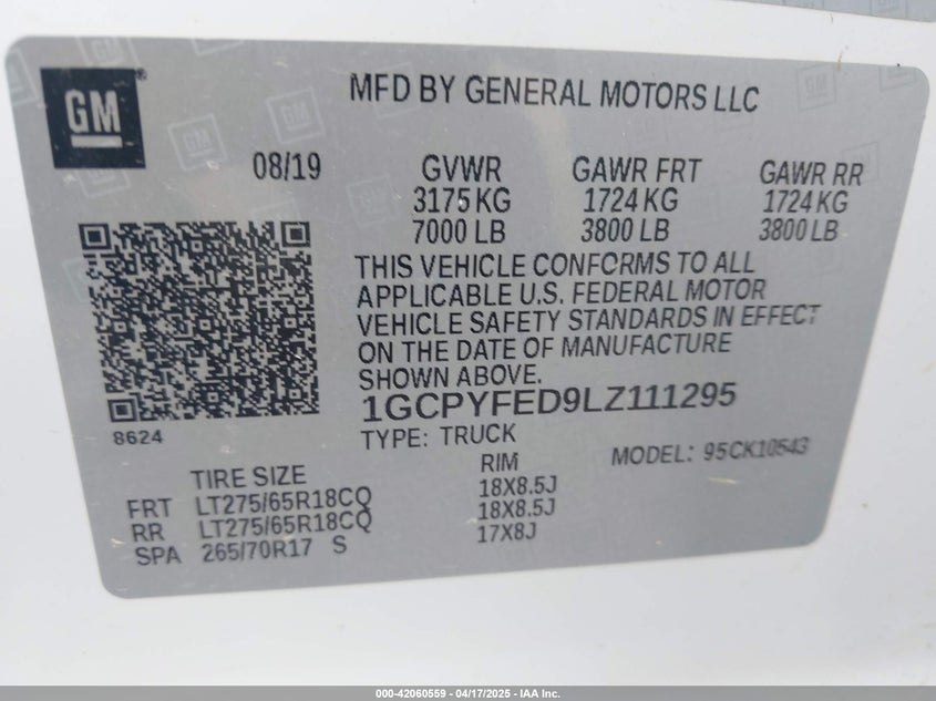 2020 CHEVROLET SILVERADO 1500 VIN: 1GCPYFED9LZ111295