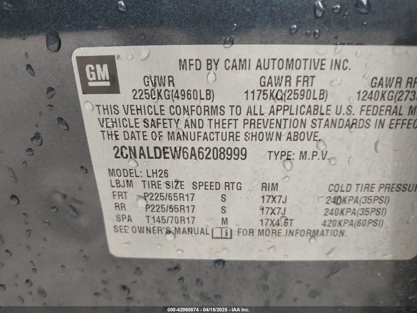 2010 CHEVROLET EQUINOX VIN: 2CNALDEW6A6208999