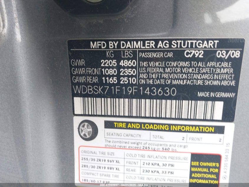 2009 MERCEDES-BENZ SL 550 VIN: WDBSK71F19F143630