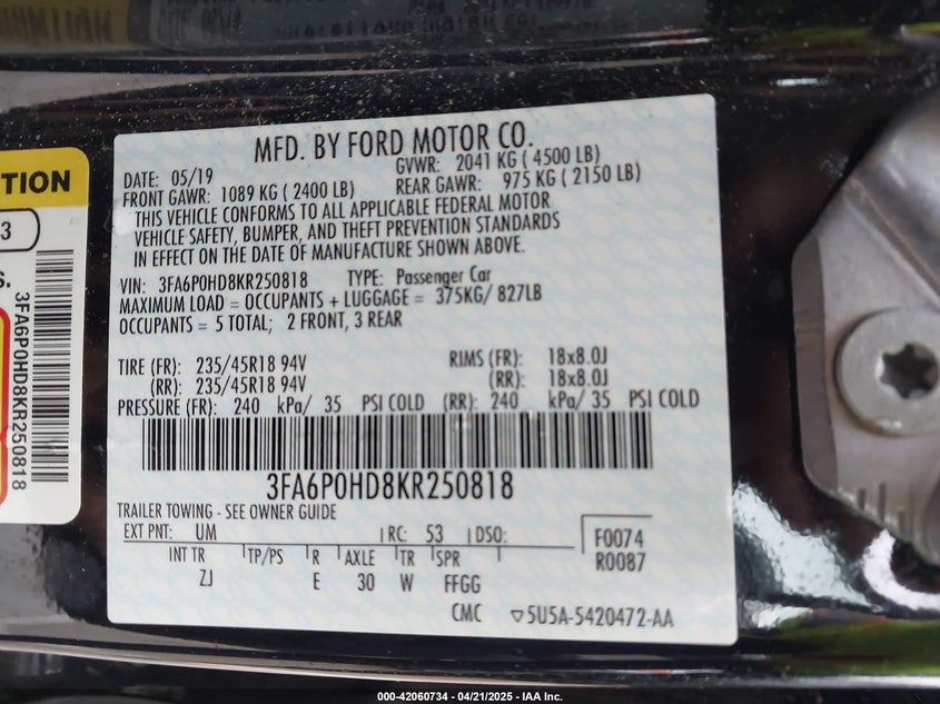 2019 FORD FUSION VIN: 3FA6P0HD8KR250818