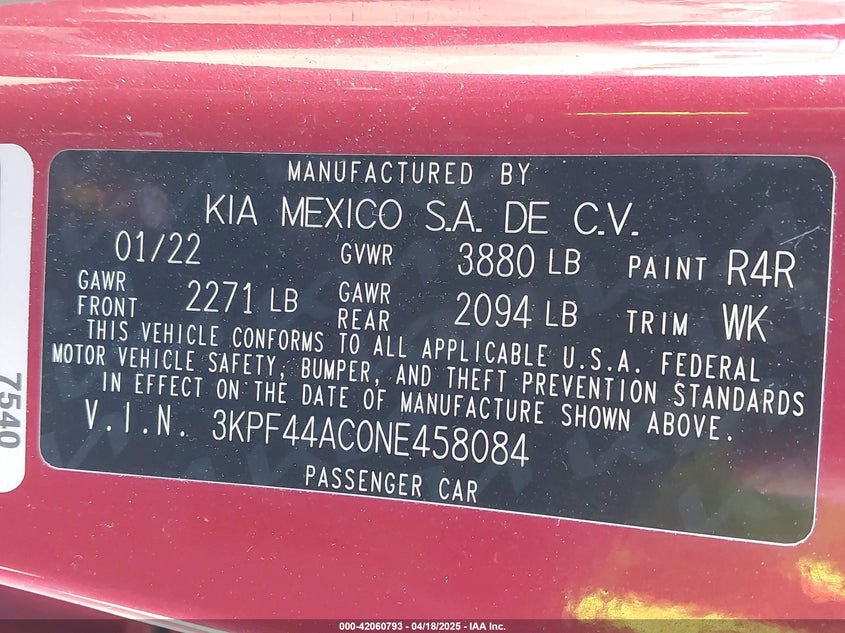 2022 KIA FORTE 1.6L I-4 DI, DOHC, V(VIN: 3KPF44AC0NE458084