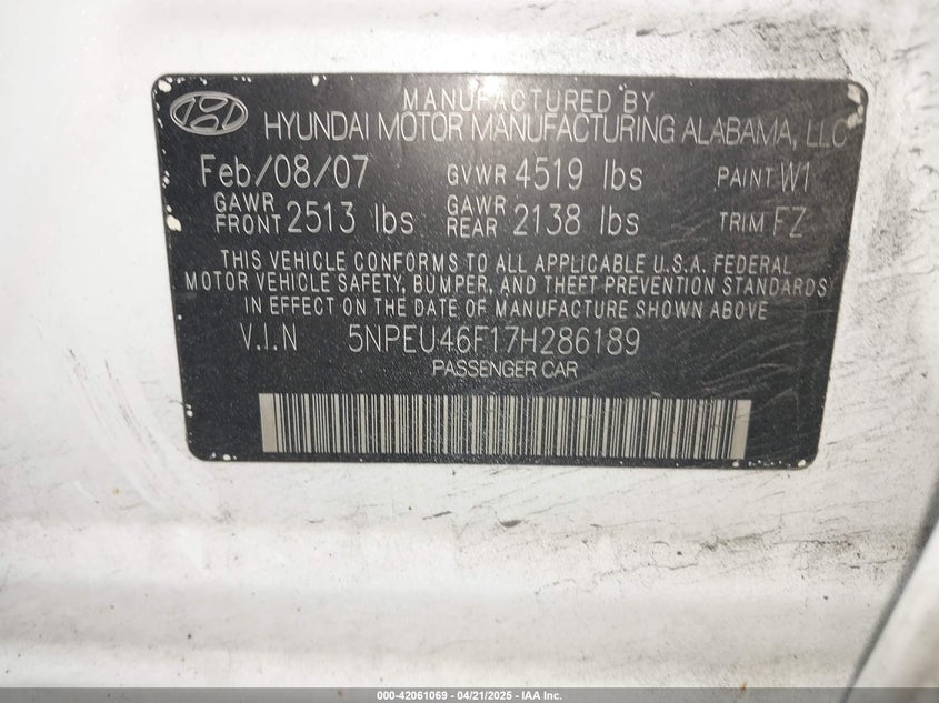 2007 HYUNDAI SONATA VIN: 5NPEU46F17H286189