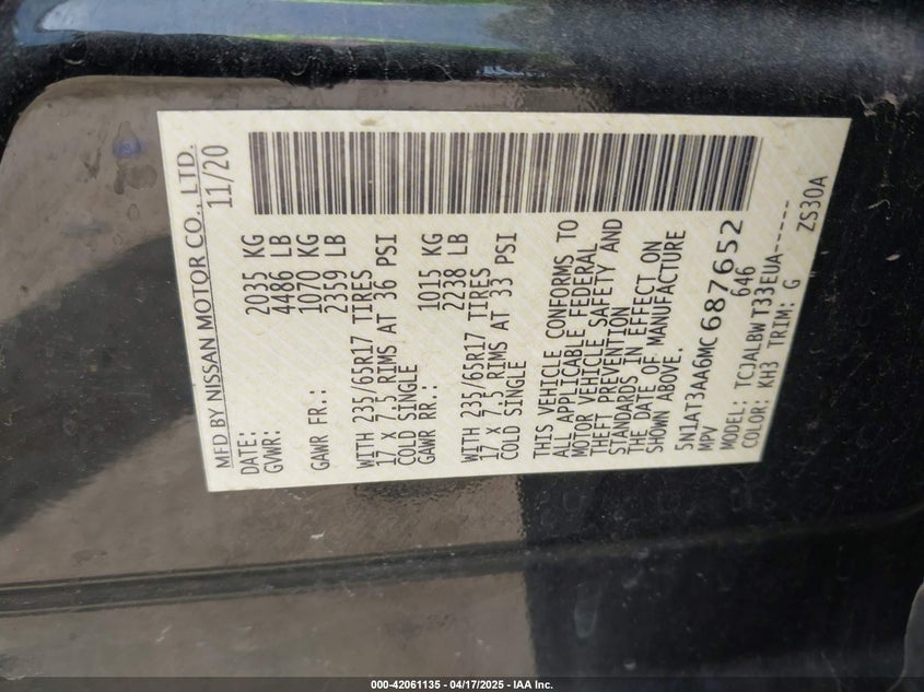 VIN 5N1AT3AA6MC687652 2021 NISSAN ROGUE S FWD
