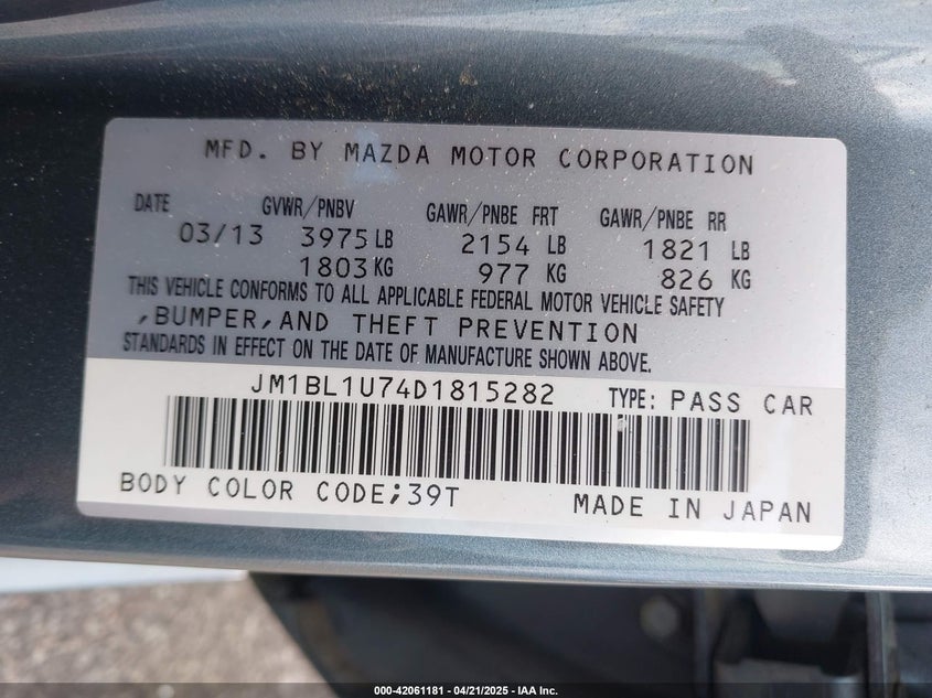 2013 MAZDA MAZDA3 VIN: JM1BL1U74D1815282