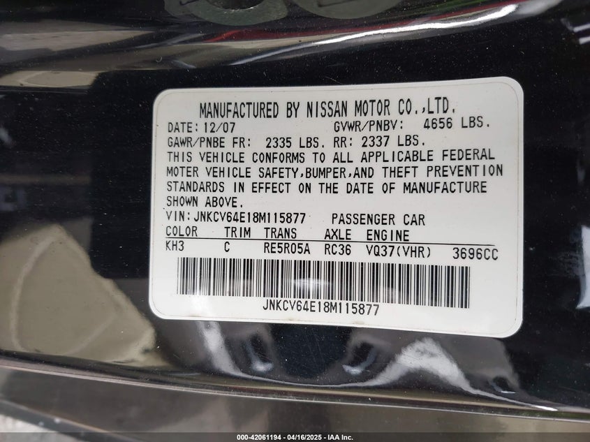 2008 INFINITI G37 VIN: JNKCV64E18M115877