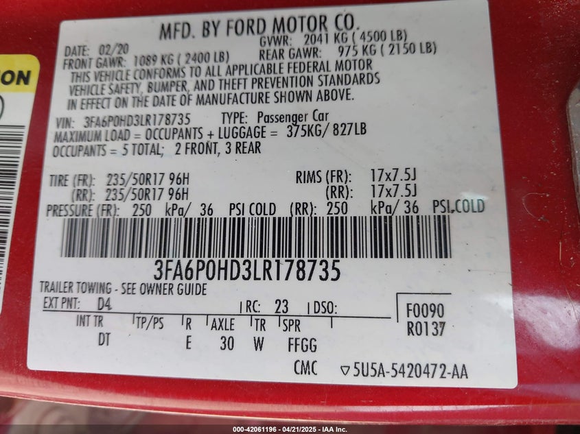 2020 FORD FUSION VIN: 3FA6P0HD3LR178735
