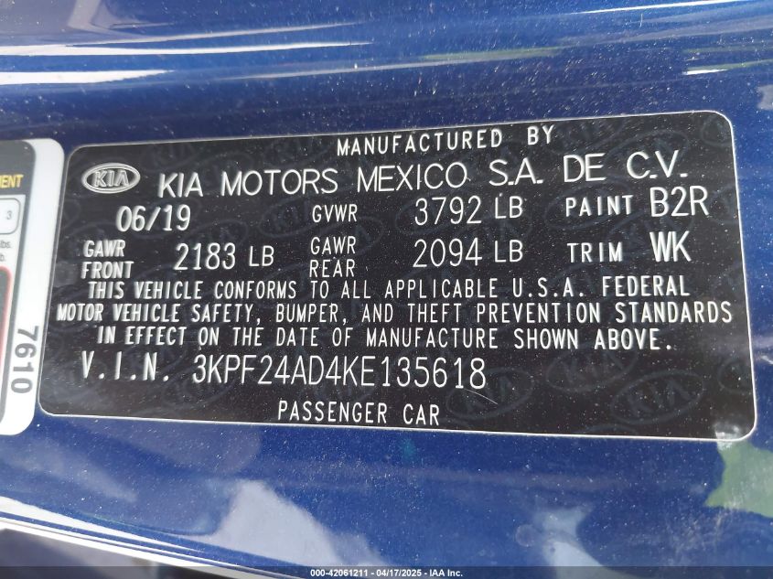 2019 Kia Forte Lxs VIN: 3KPF24AD4KE135618 Lot: 42061211
