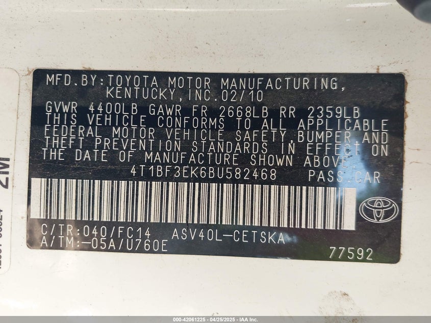 2011 TOYOTA CAMRY VIN: 4T1BF3EK6BU582468